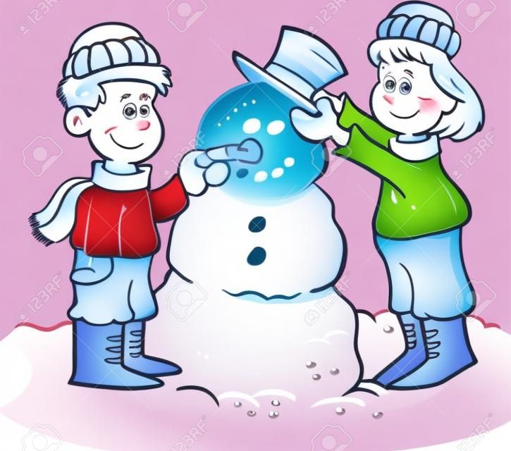 兩個孩子的卡通插圖建設一個雪人