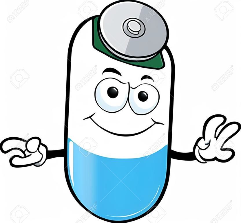 Cartoon illustration of a pill capsule pointing