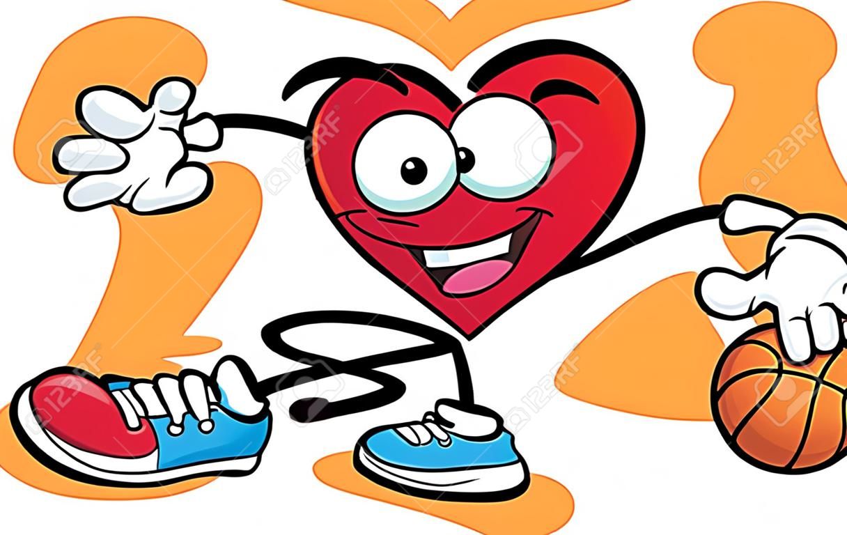 Cartoon illustration of a heart playing basketball