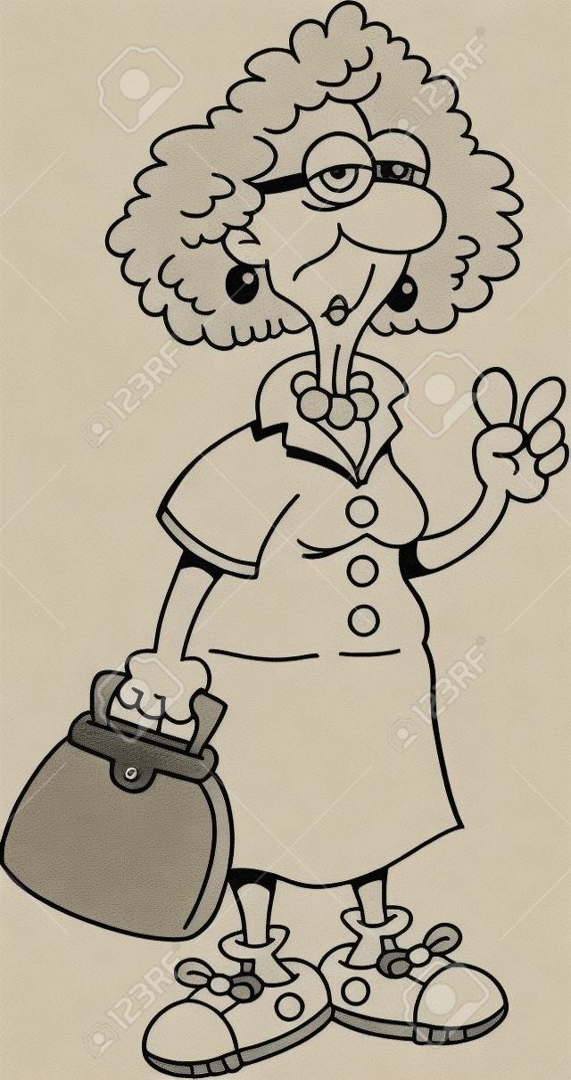 Black and white illustration of a elderly lady holding a purse 