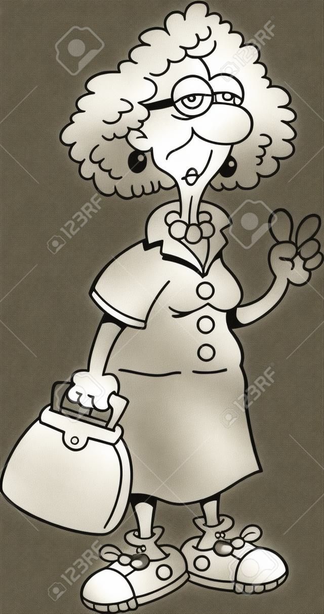 Czarno-białe ilustracja starszej pani trzyma torebkę