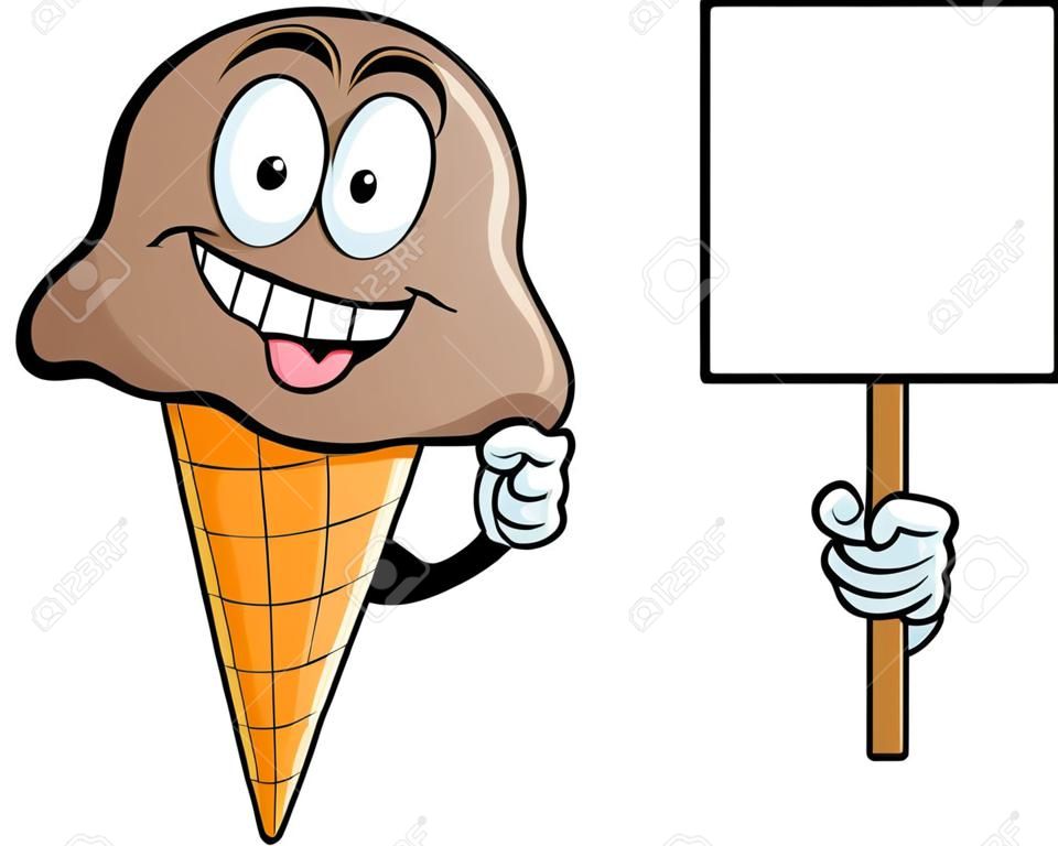 一個蛋捲冰淇淋的卡通插圖舉著牌子