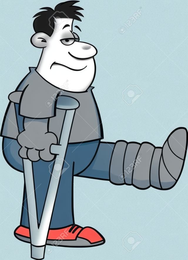 Cartoon ilustración de un hombre con muletas con la pierna con un yeso