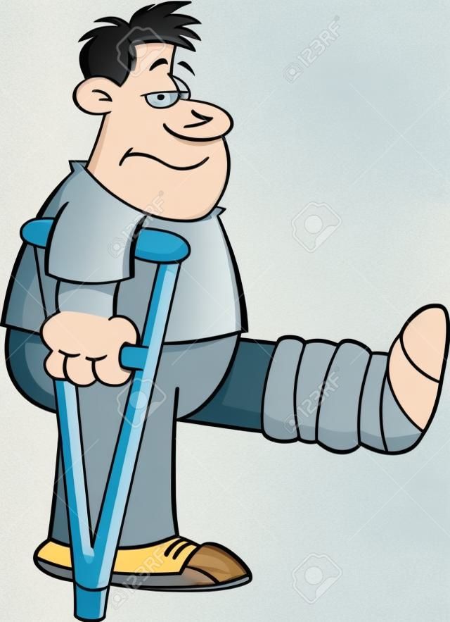 Cartoon ilustración de un hombre con muletas con la pierna con un yeso
