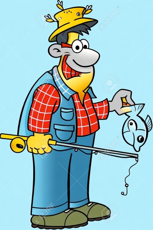 Cartoon illustration of a fisherman holding a fishing rod and a small fish.