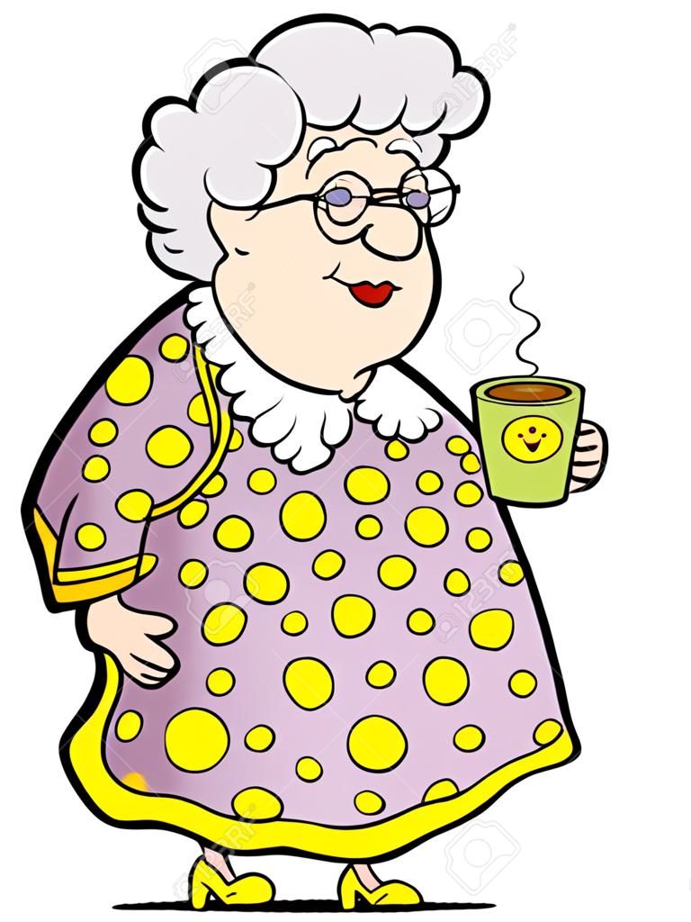 Cartoon illusztrációja egy idős hölgy, aki olyan bögre kávét.