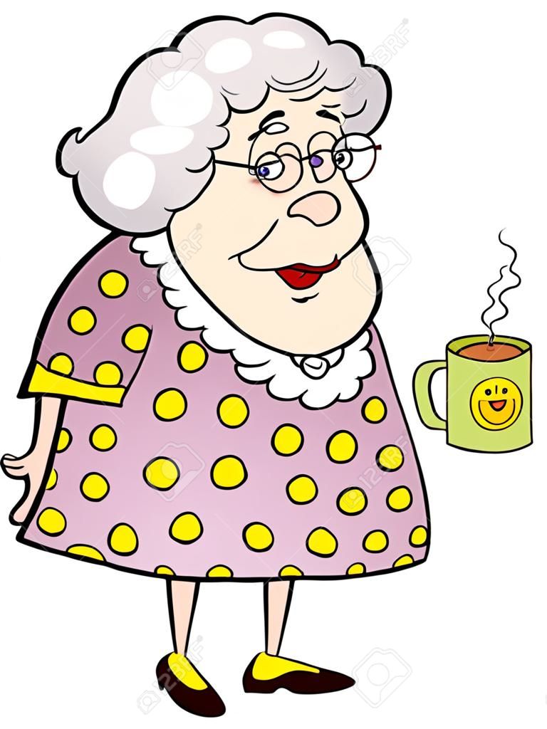 一個老太太拿著一個咖啡杯的卡通插圖。