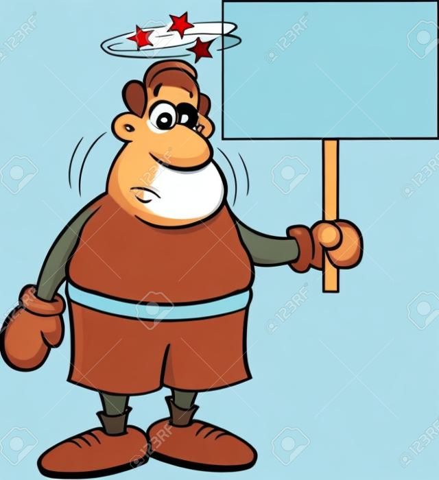 Kreskówki ilustracja oszałamiający bokser trzyma znaka.