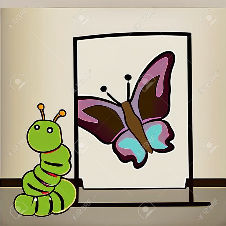 A young caterpillar is looking in a mirror and seeing himself as a colorful butterfly