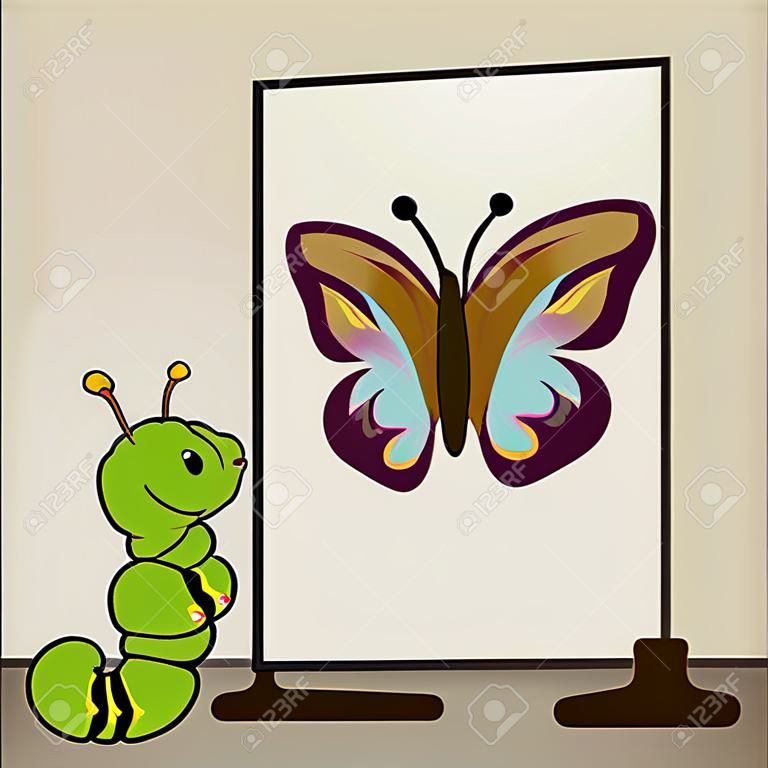 A young caterpillar is looking in a mirror and seeing himself as a colorful butterfly