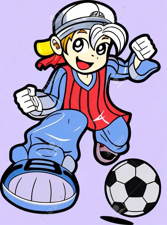 幸せな若い男のアニメ漫画の漫画のスタイルで少年サッカー選手