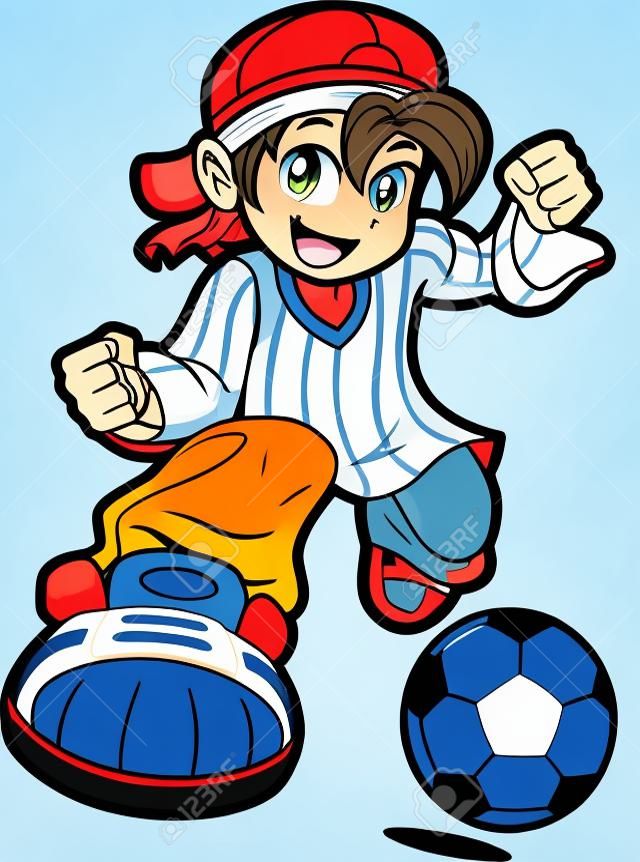 애니메이션 만화 만화 스타일에서 행복 한 젊은 남자가 소년 축구 선수