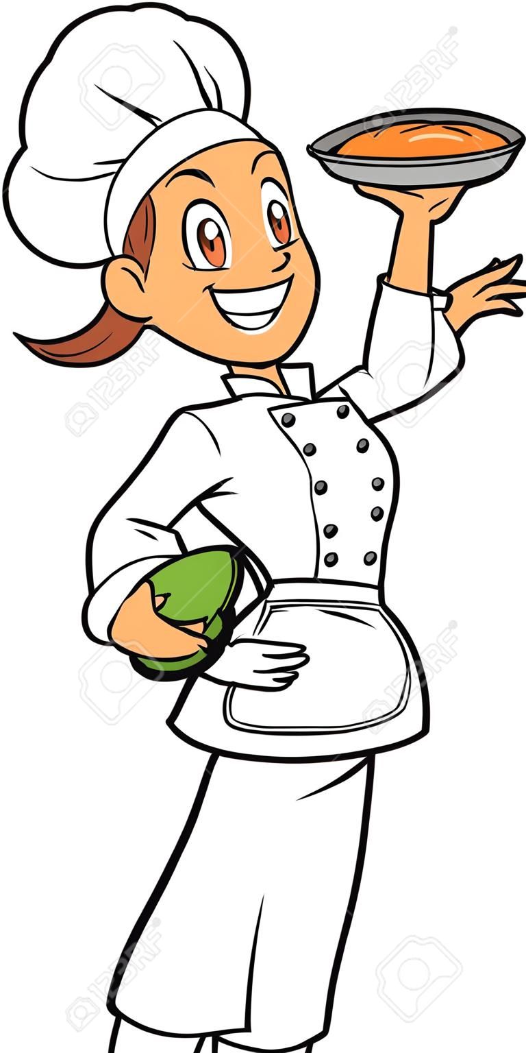 Счастливый улыбается женщина шеф-повар Холдинг Сковородой