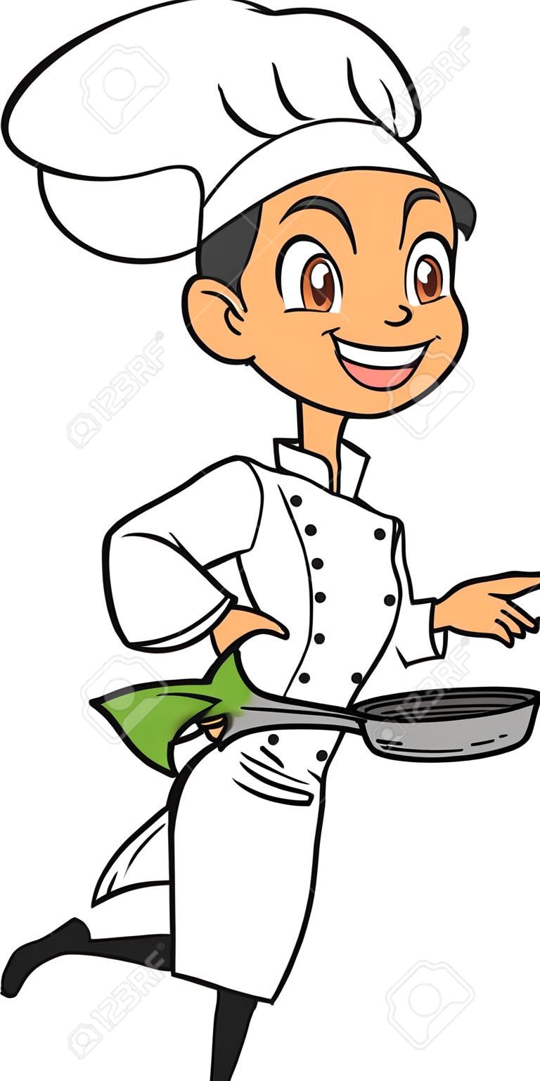 Feliz sorridente feminino chef segurando frigideira Pan