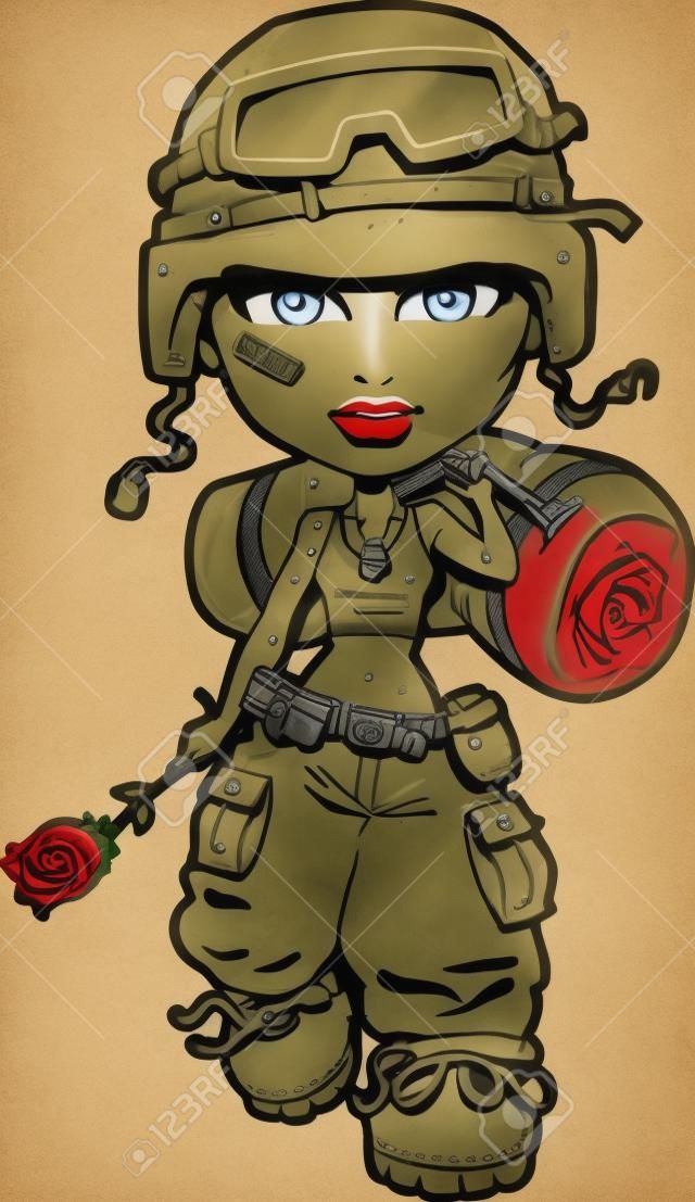 回到女戰士拿著玫瑰