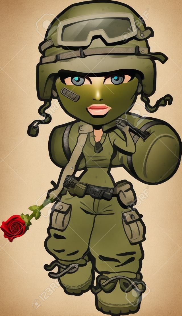 抱着玫瑰的女士兵