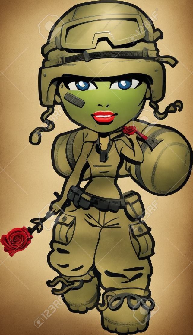 Возвращаясь женщина-солдат проведение розы