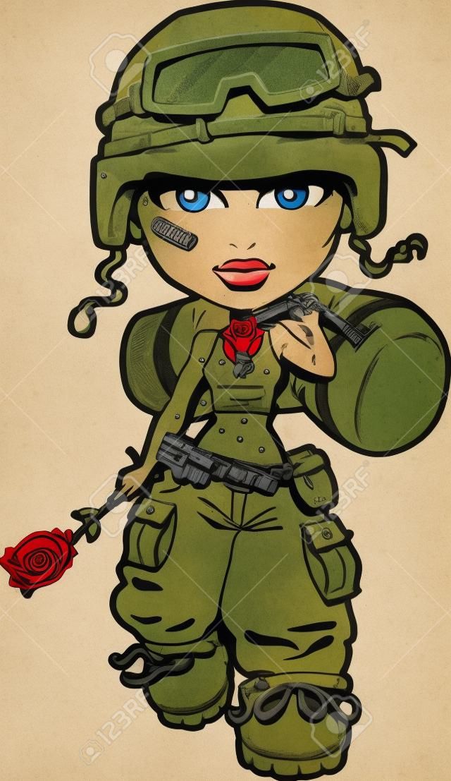 Bir Rose Holding Kadın Soldier dönen