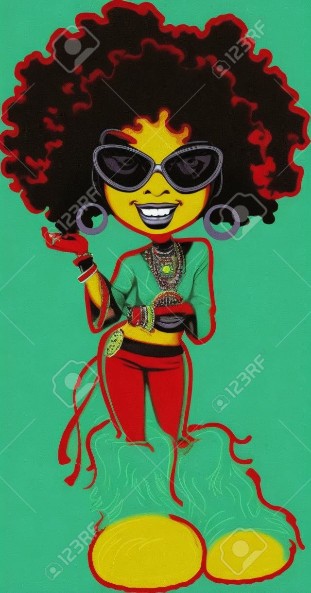 Funky mulher dos anos setenta com grande afro