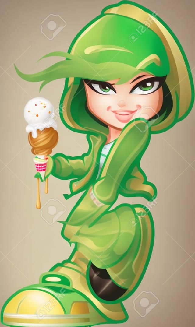 Śliczne Psotny City Girl Wewnętrzna Miejska z zielonymi oczami i Ice Cream Cone