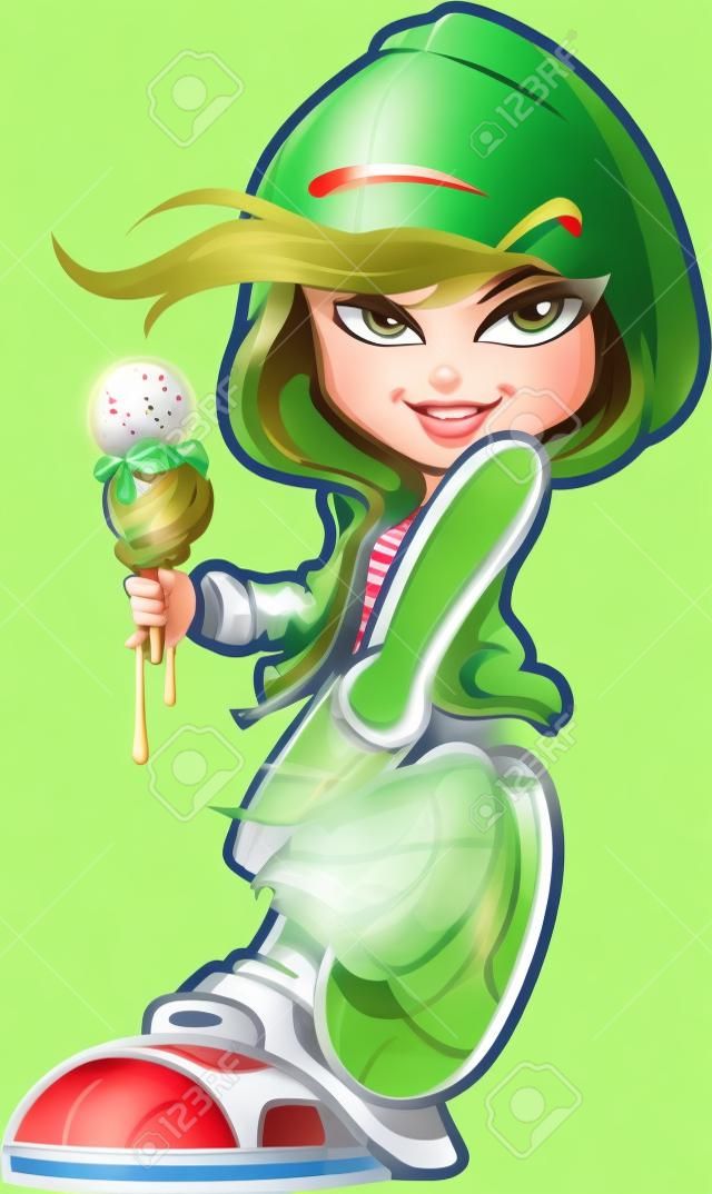 Cute Mischievous Urban Inner City Girl With Green Eyes and Ice Cream Cone