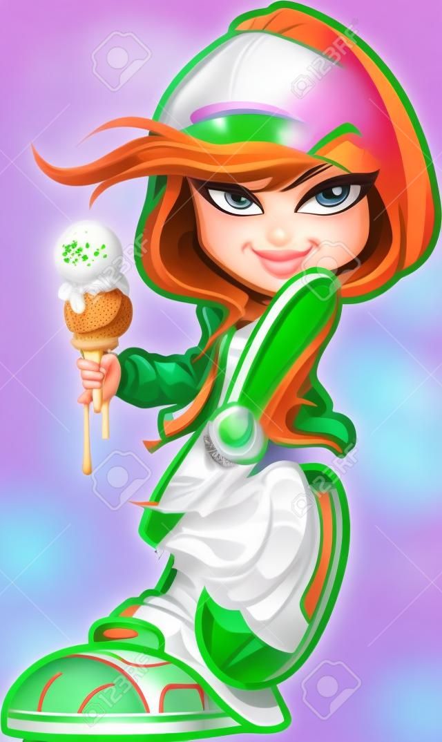 Cute Mischievous Urban Inner City Girl With Green Eyes and Ice Cream Cone