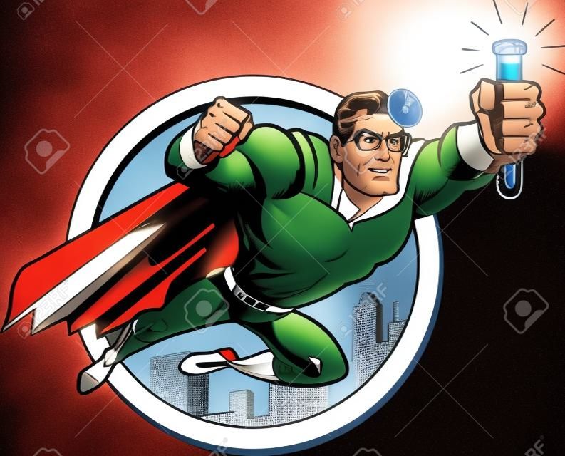 Ретро Классический супергерой доктор Медик летит над городом в очках и флакон Cure сыворотки Antidote