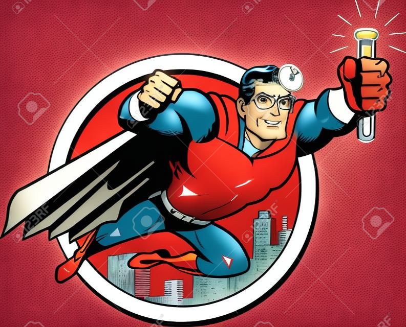 Ретро Классический супергерой доктор Медик летит над городом в очках и флакон Cure сыворотки Antidote