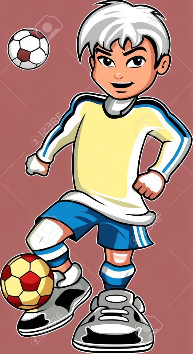Piłka nożna gracza futbolu nastoletnia chłopiec bawi się wektorową klamerki sztuki kreskówkę.