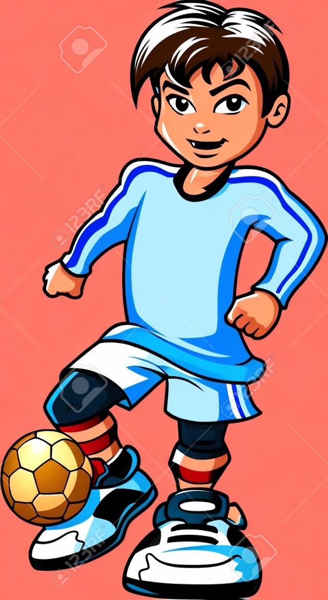 Piłka nożna gracza futbolu nastoletnia chłopiec bawi się wektorową klamerki sztuki kreskówkę.