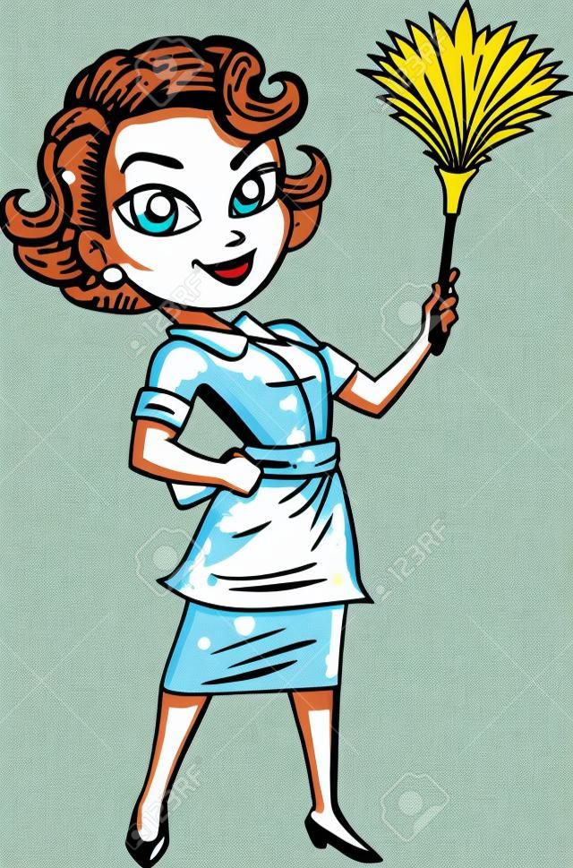 Servizio di pulizia Domestica Lady Woman con il fumetto di vettore del clipart dello spolveratore