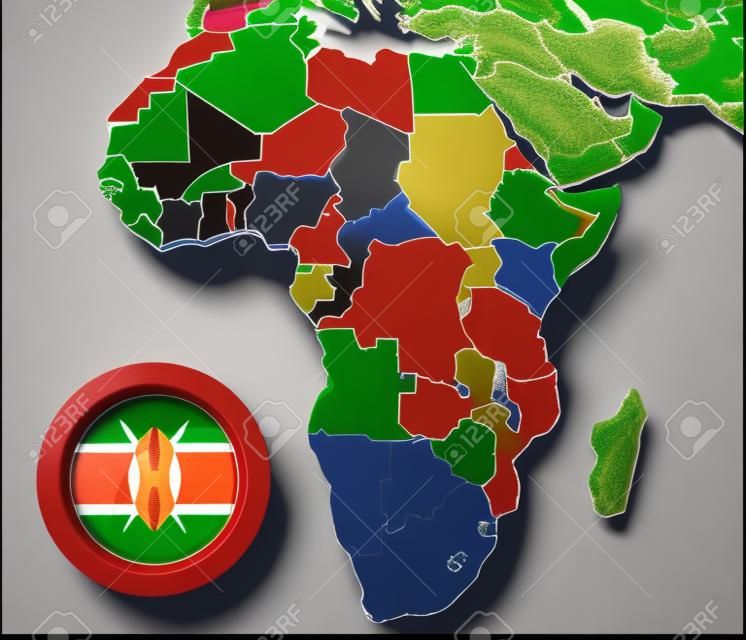 Mapa modelado 3D de África con el estado resaltado de Kenya con la bandera nacional