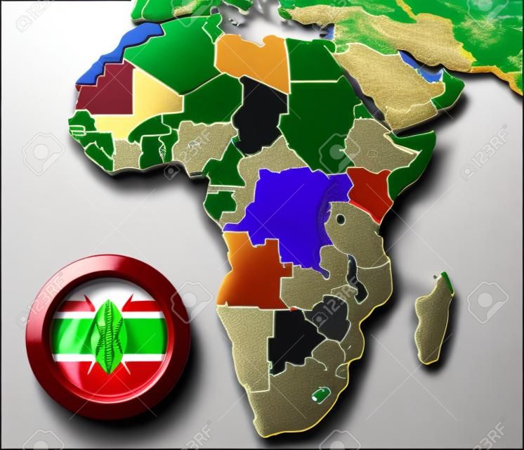 Mapa modelado 3D de África con el estado resaltado de Kenya con la bandera nacional