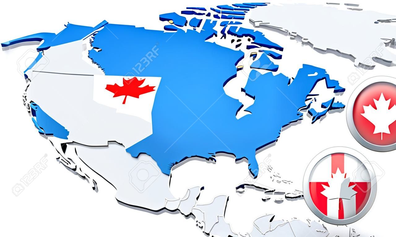 Destacada Canada en el mapa de América del Norte con la bandera nacional