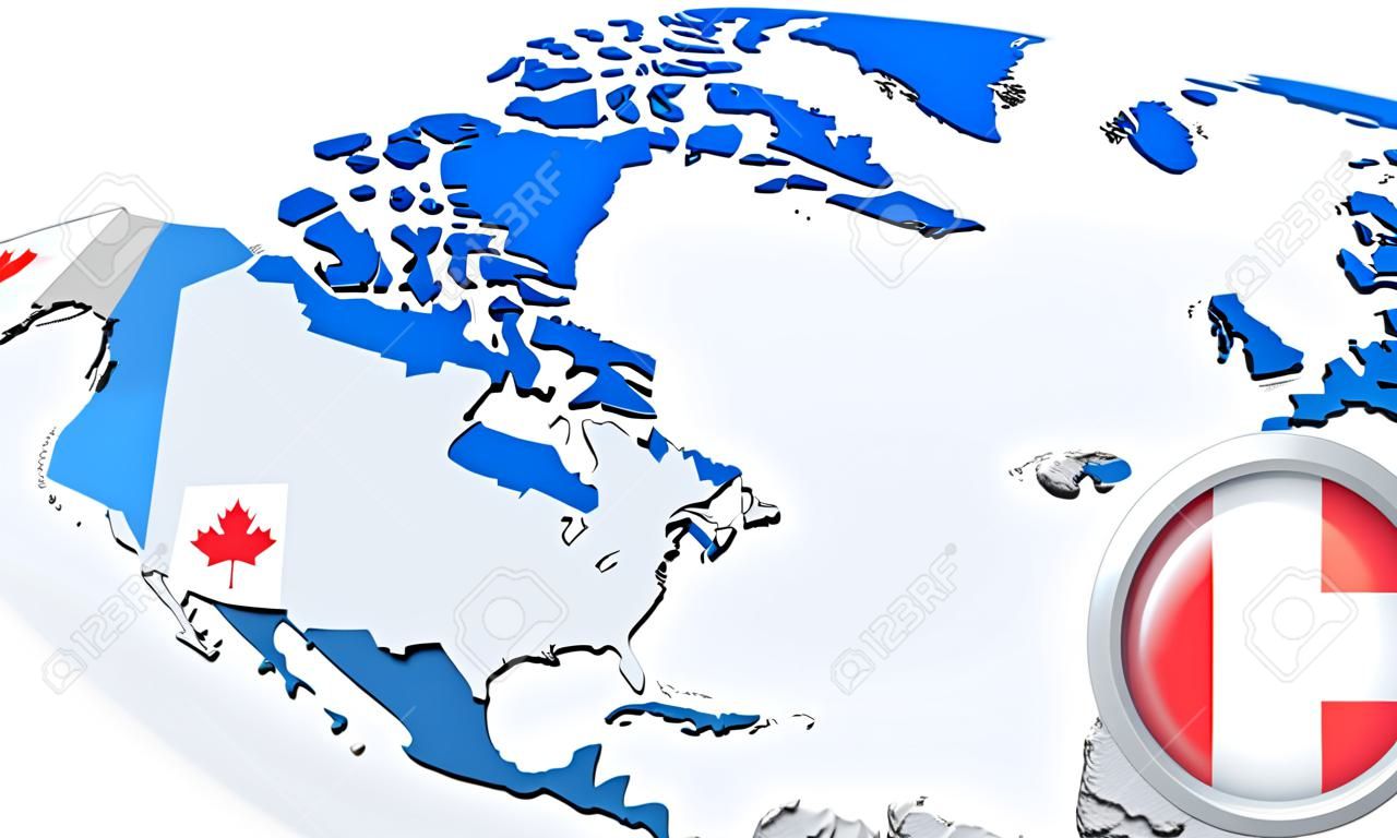 Destacada Canada en el mapa de América del Norte con la bandera nacional