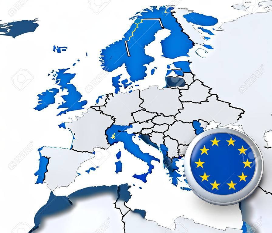 유럽의지도에 강조 표시된 유럽 연합 국기와 함께