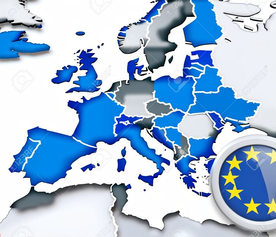 유럽의지도에 강조 표시된 유럽 연합 국기와 함께