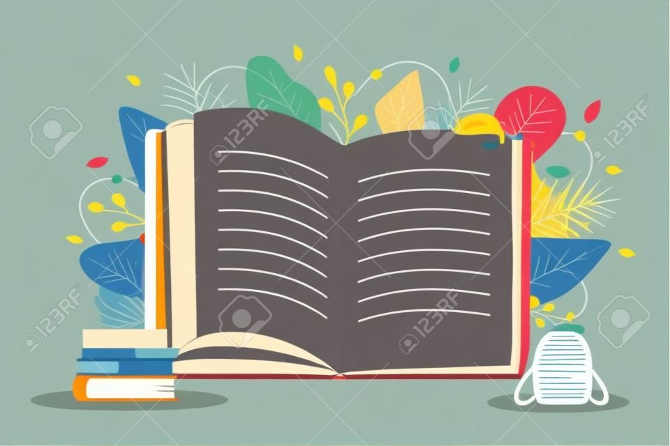 Libro abierto. Concepto de educación y lectura. fiesta del libro. De vuelta a la escuela. Ilustración vectorial moderna en estilo plano.