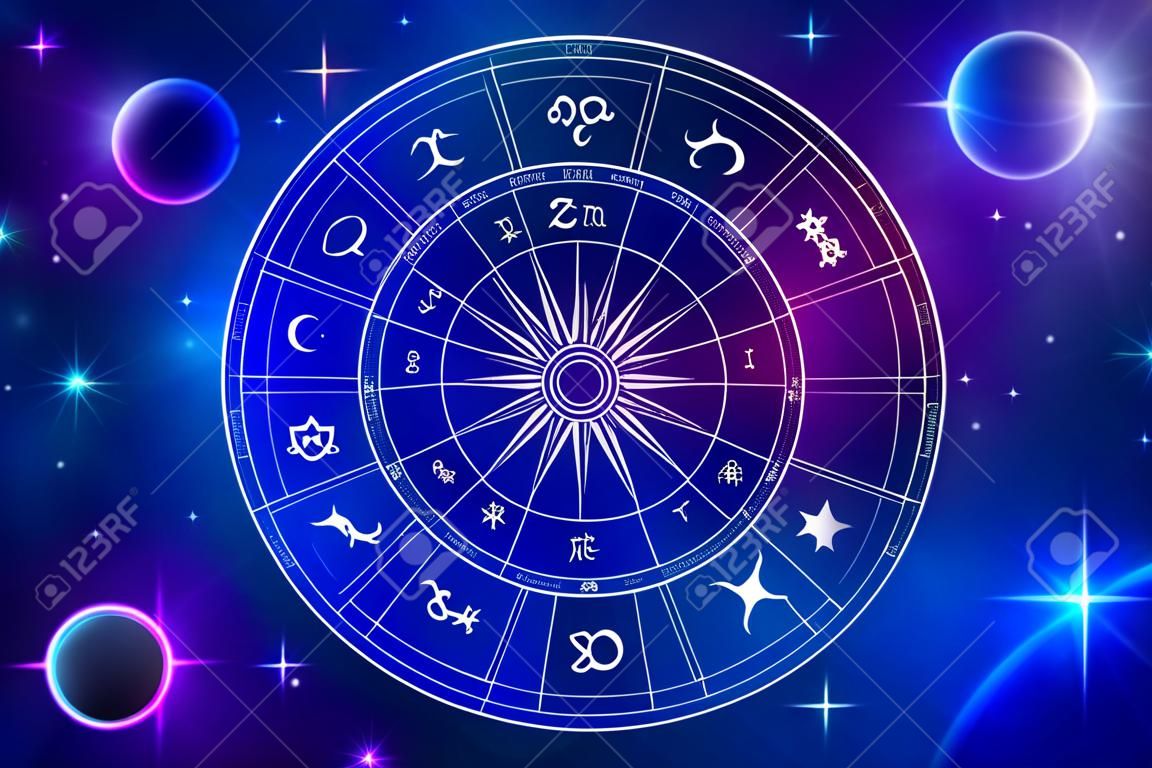 Astrologie wiel met dierenriem borden op de achtergrond van de ruimte. Mysterie en esoterische. Sterrenkaart. Horoscoop illustratie. Spirituele tarot poster.