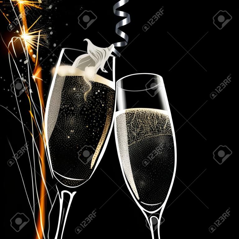 香檳杯，黑色背景，慶祝活動的主題。