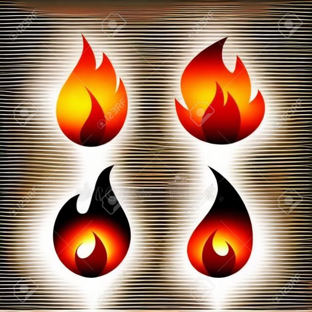 Płaskie płomienie ognia zestaw na białym tle. kolekcja efektu świetlnego gorącej kreskówki. ilustracja wektorowa