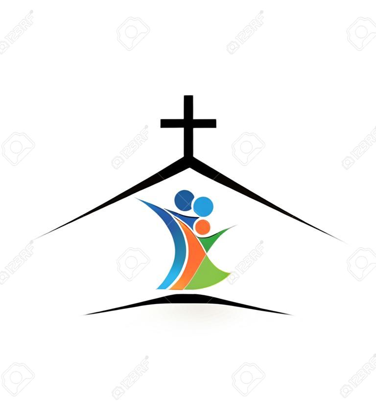 Família no logotipo do ícone da igreja em uma apresentação colorida.