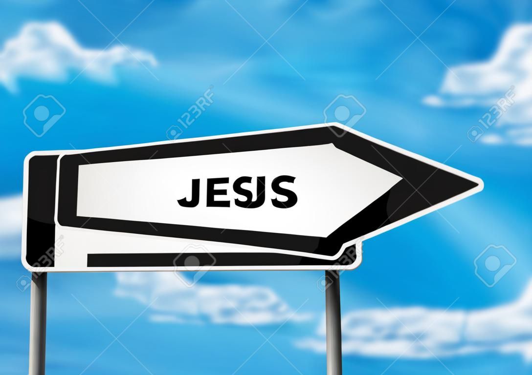 Sinal de estrada de uma maneira que diz jesus com nuvens azuis no fundo