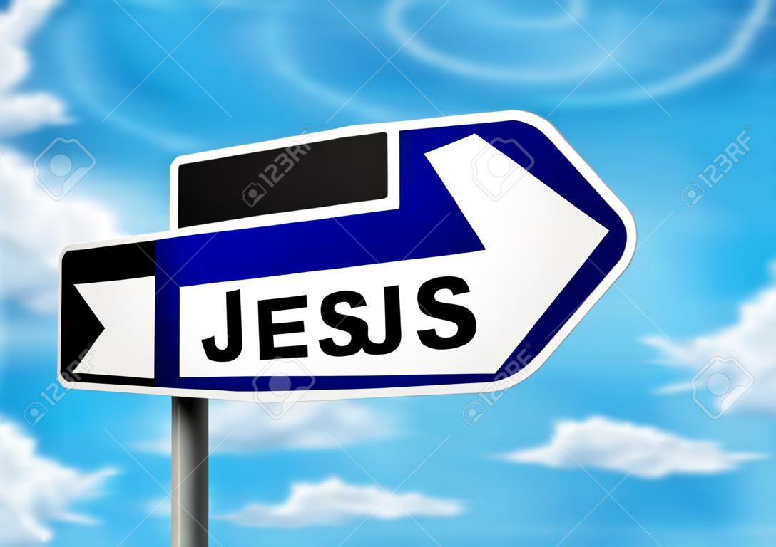 一種方法路標，上面寫著耶穌與藍色雲彩的背景