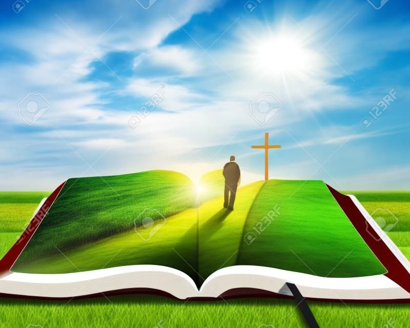 Uma bíblia aberta com grama e um homem caminhando em direção a uma cruz