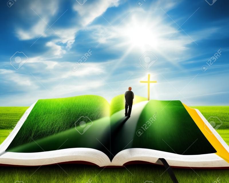 Eine offene Bibel mit Gras und einem Mann zu Fuß in Richtung eines Kreuzes