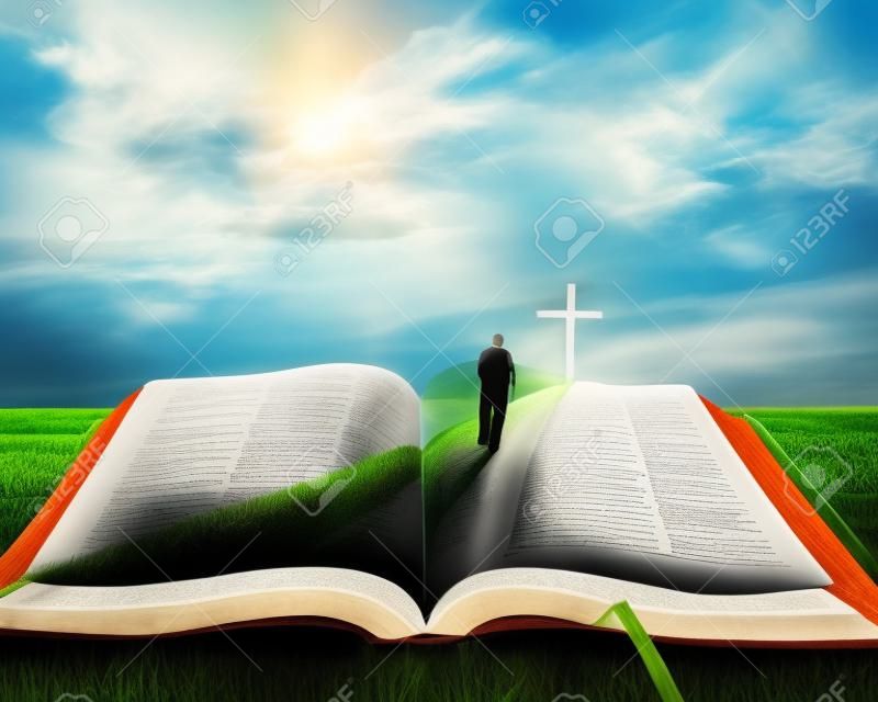 Eine offene Bibel mit Gras und einem Mann zu Fuß in Richtung eines Kreuzes
