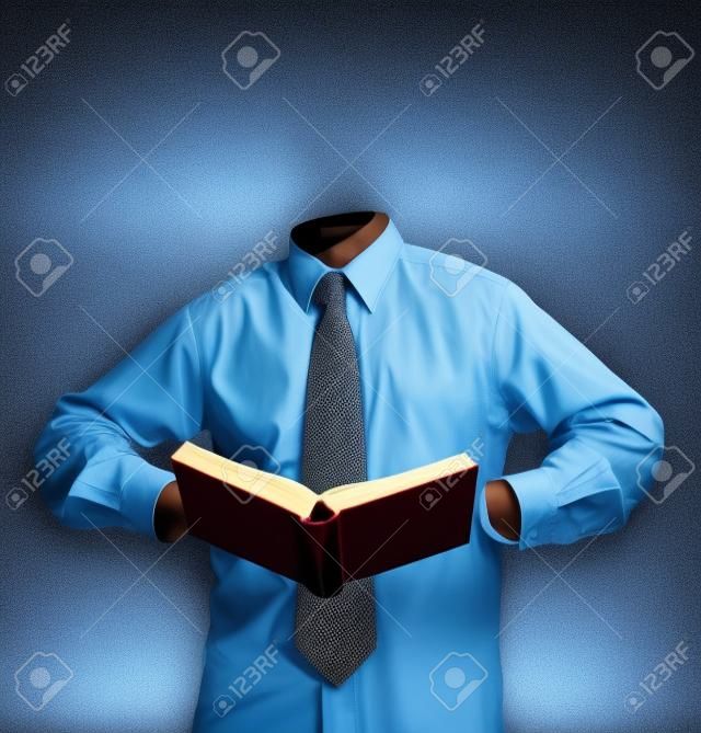 Invisible man in a business suit reading a book