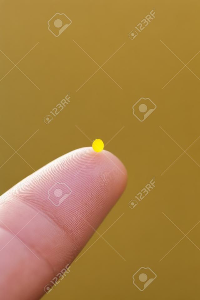 A single mustard seed resting on the tip of a finger.