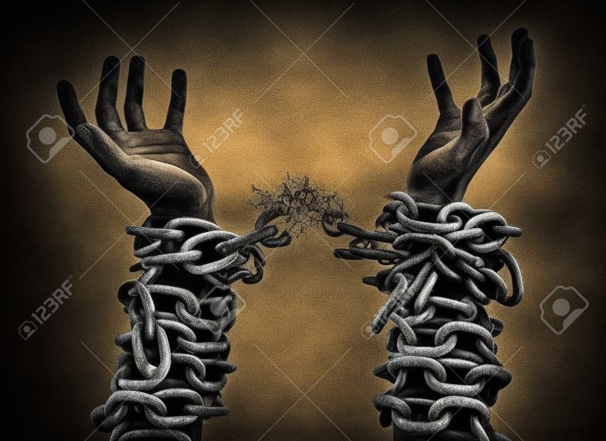 Two hands in chains that are breaking apart.